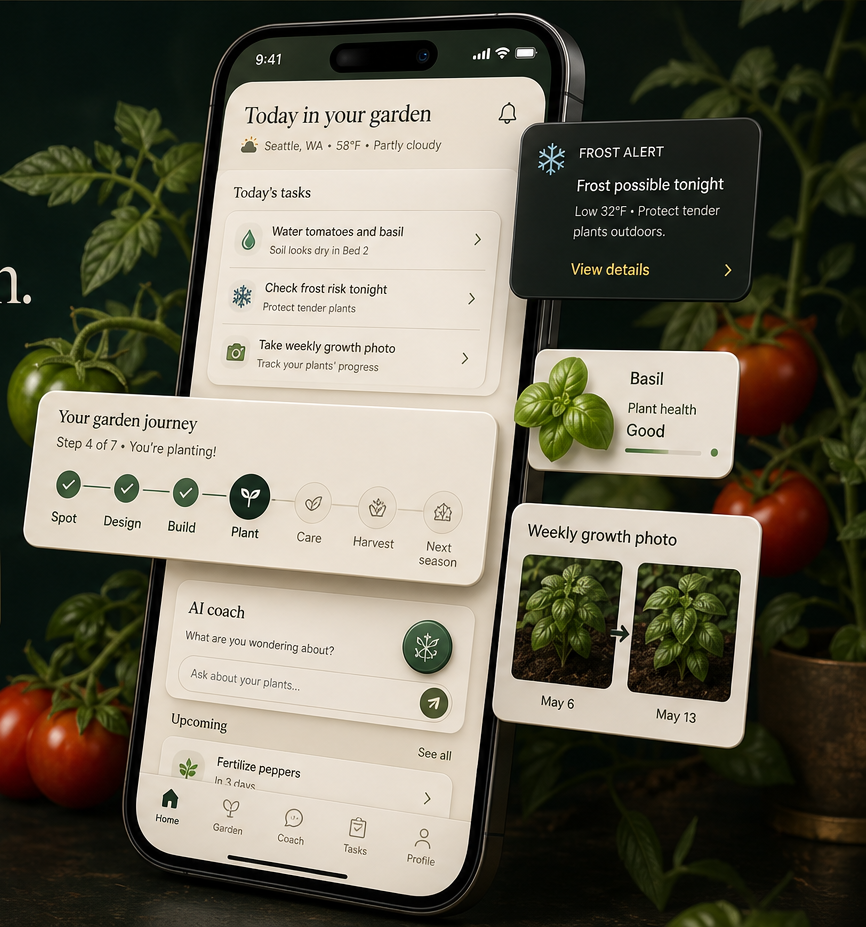 Verdant app preview with floating garden journey, frost alert, basil health, and weekly growth photo cards